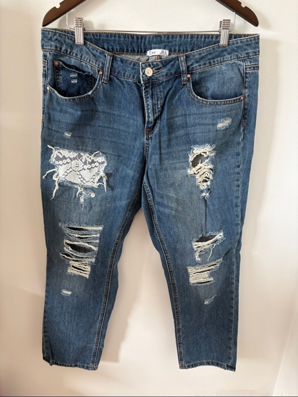 Dex Blue Distressed Cropped Jeans with Lace Patch